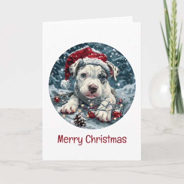 Merry Christmas Pit Bull Santa Puppy Holiday Card (Front)