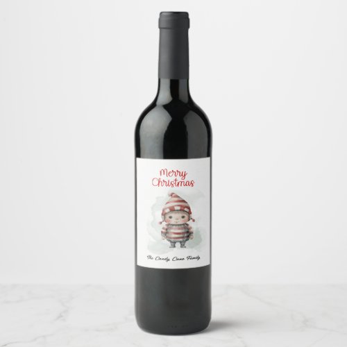Merry Christmas Pixie red white Watercolor Elf Wine Label