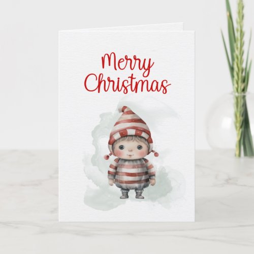 Merry Christmas Pixie Watercolor red white Elf Holiday Card