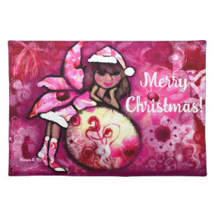 Merry Christmas Pixie Whimsical Floral Pink Yellow Cloth Placemat