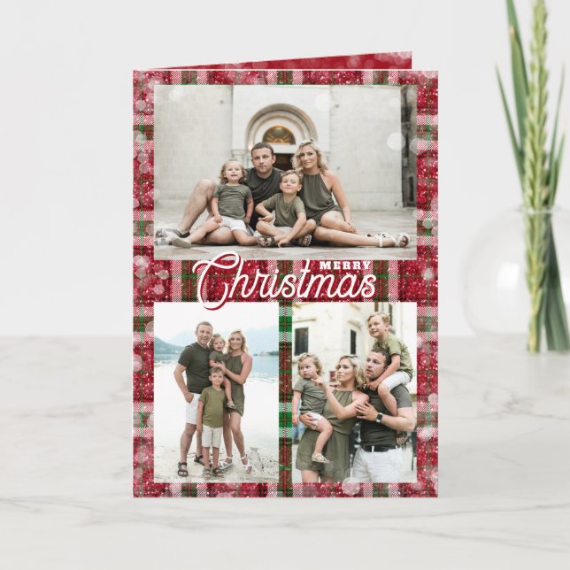 Merry Christmas Plaid 3 Photo Collage Folded Holiday Card (Front)