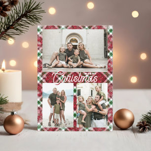 Merry Christmas Plaid 3 Photo Collage Holiday Card