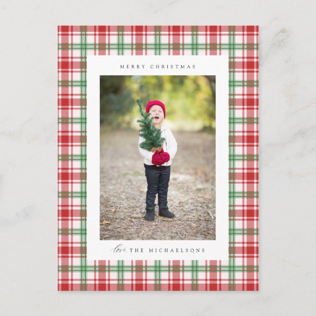 Merry Christmas Plaid | ADD YOUR FAMILY PHOTO Post Postcard (Front)
