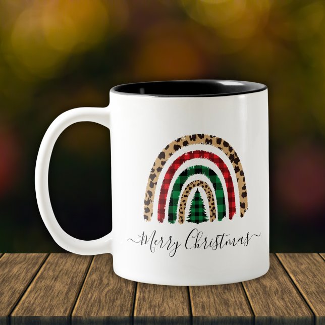 Merry Christmas Plaid and Leopard Print Rainbow Two-Tone Coffee Mug (Creator Uploaded)