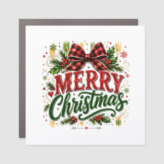 Merry Christmas Plaid Bow Car Magnet