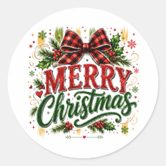 Merry Christmas Plaid Bow Classic Round Sticker