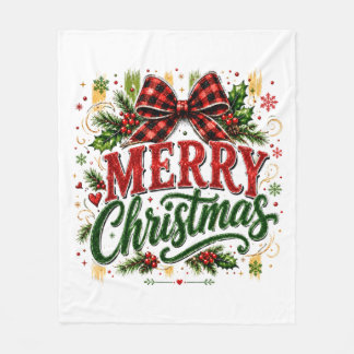 Merry Christmas Plaid Bow Fleece Blanket