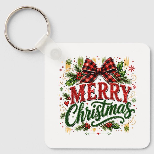 Merry Christmas Plaid Bow Keychain (Front)