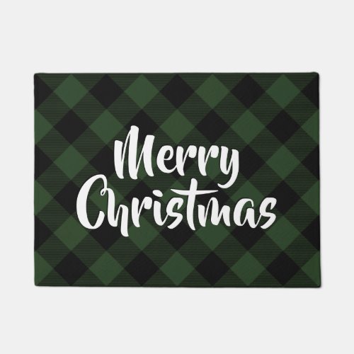 Merry Christmas Plaid Buffalo Check Green Tartan Doormat