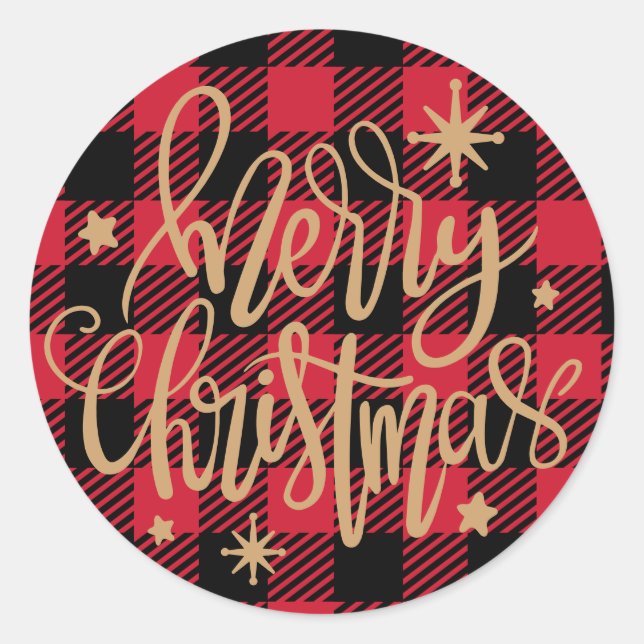 Merry Christmas Plaid Buffalo Round Sticker (Front)