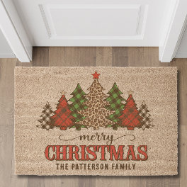 Merry Christmas Plaid Christmas Trees Personalized Fiber Doormat