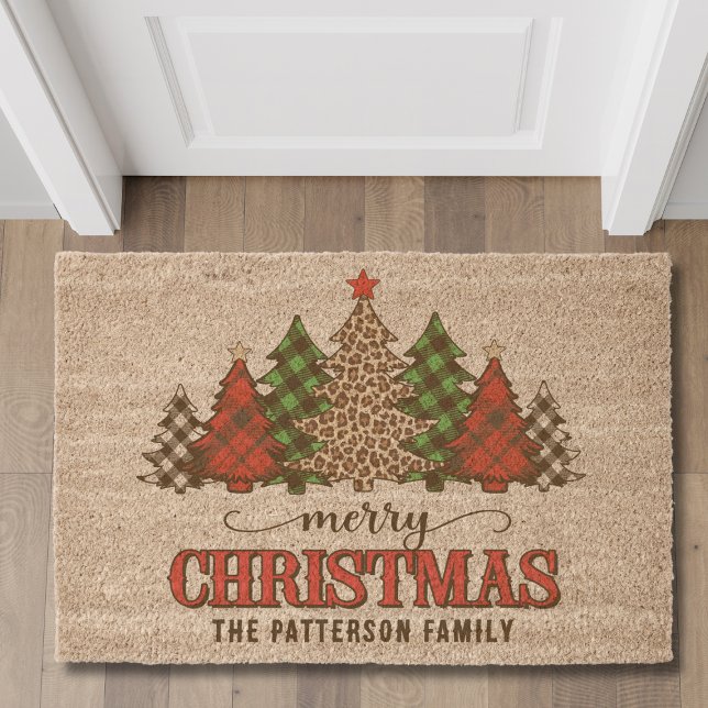 Merry Christmas Plaid Christmas Trees Personalized Fiber Doormat (Creator Uploaded)