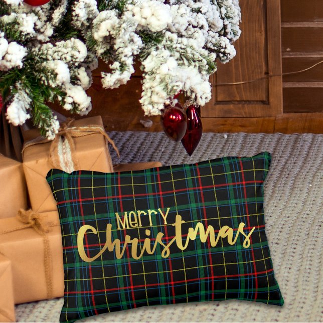 Merry Christmas Plaid Gold Metallic Accent Pillow (Creator Uploaded)