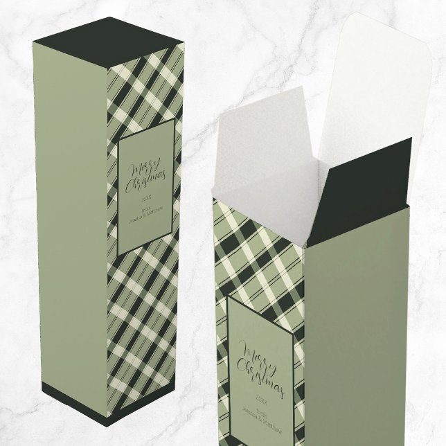 Merry Christmas Plaid Green Chic Modern Script Wine Box (Merry Christmas Plaid Pattern Olive Green Chic Modern Script Wine Box)