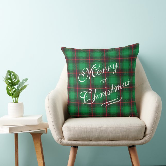 Merry Christmas Plaid Green Festive Wreath  Throw Pillow (Chair)