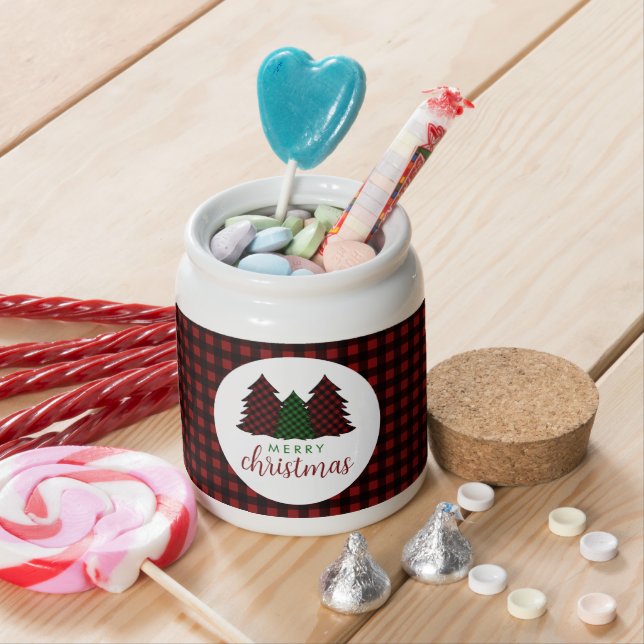 Merry Christmas Plaid Pattern Christmas Tree Candy Jar (In Situ)