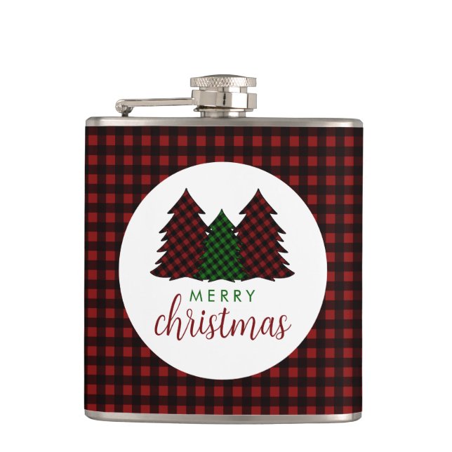 Merry Christmas Plaid Pattern Christmas Tree Flask (Front)