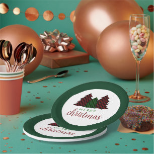 Merry Christmas Plaid Pattern Christmas Tree Paper Plates