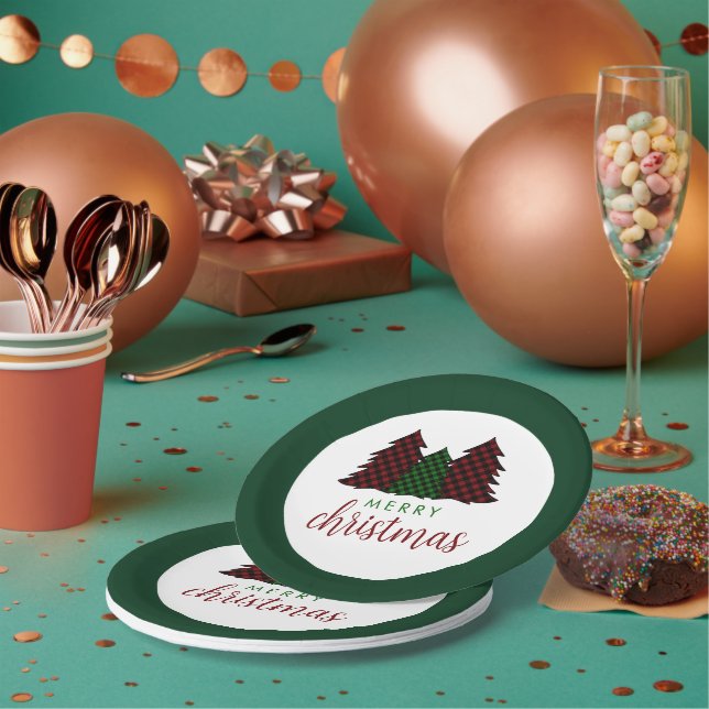 Merry Christmas Plaid Pattern Christmas Tree Paper Plates (Multi)