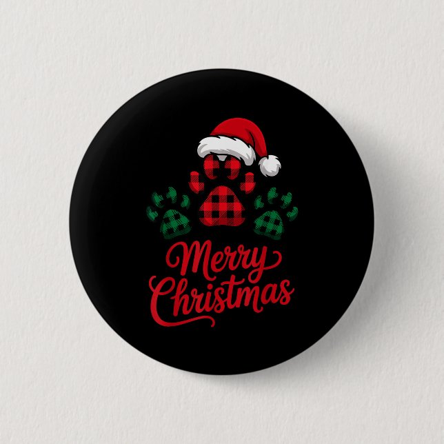 Merry Christmas Plaid Paw Pet Owners Holiday Dog L Button (Front)