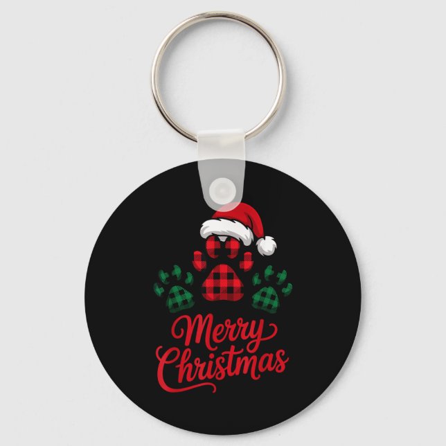 Merry Christmas Plaid Paw Pet Owners Holiday Dog L Keychain (Front)