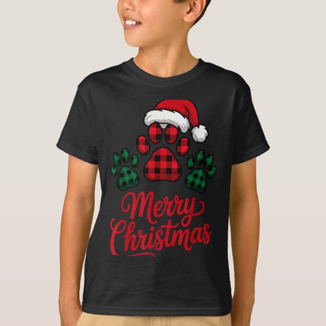Merry Christmas Plaid Paw Pet Owners Holiday Dog L T-Shirt (Front)