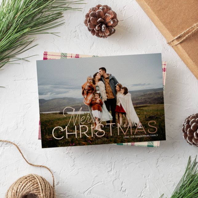 Merry Christmas Plaid Photo Foil Greeting Card (Creator Uploaded)