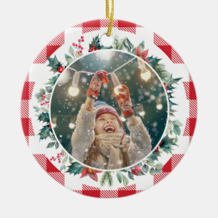 Merry Christmas Plaid Photo Mistletoe Ceramic Ornament
