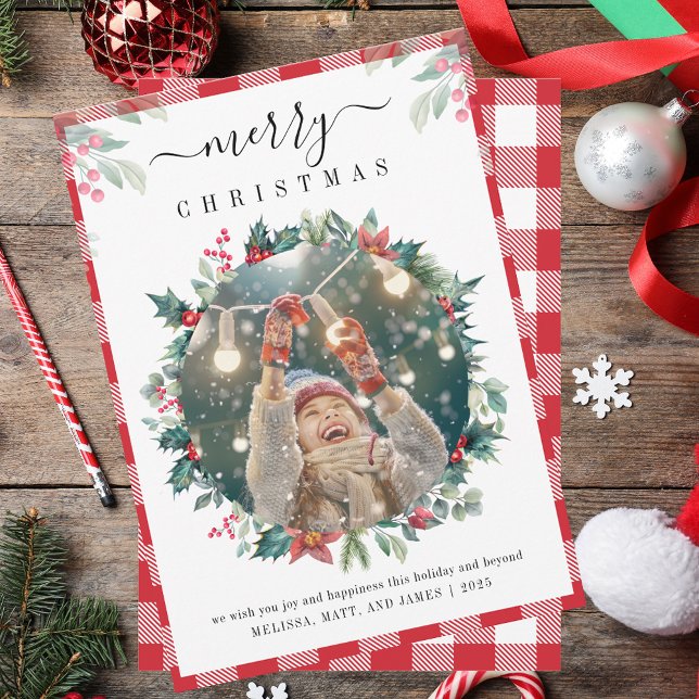 Merry Christmas Plaid Photo Mistletoe Holiday Card (Merry Christmas Plaid Photo Mistletoe Holiday Card)