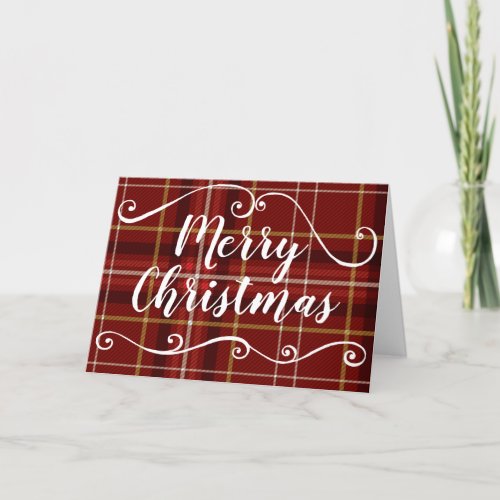 Merry Christmas Plaid Red Gold White Pattern Holiday Card