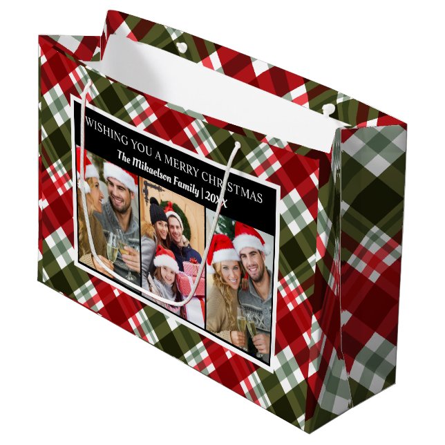 Merry Christmas Plaid Tartan Photo Collage Large Gift Bag (Front Angled)