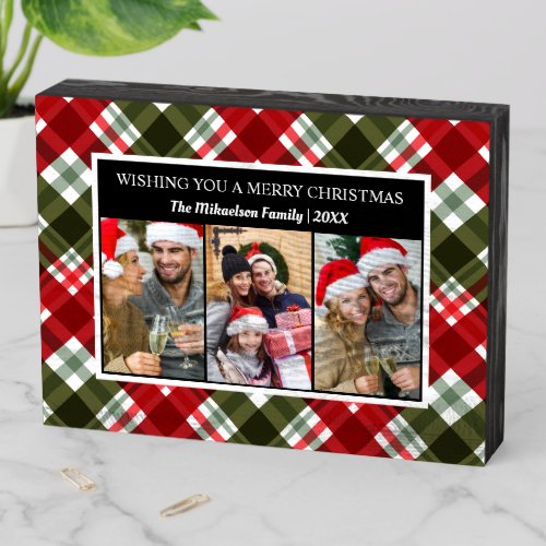 Merry Christmas Plaid Tartan Photo Collage Wooden Box Sign