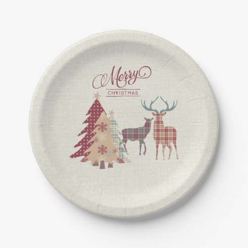 Merry Christmas Plaid Trees Deer Paper Plate