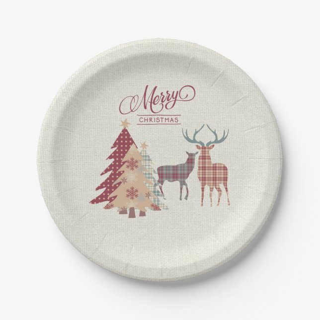 Merry Christmas Plaid Trees, Deer Paper Plate (Front)