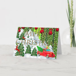 Merry Christmas Plaid Trees Red Truck Card