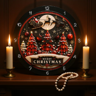 Merry Christmas Plaid Trees Santa Sleigh Large Clock