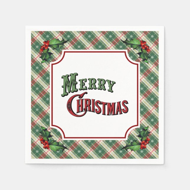 Merry Christmas Plaid with Holly Napkins (Front)