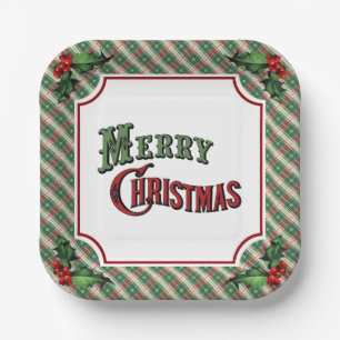 Merry Christmas Plaid with Holly Paper Plates