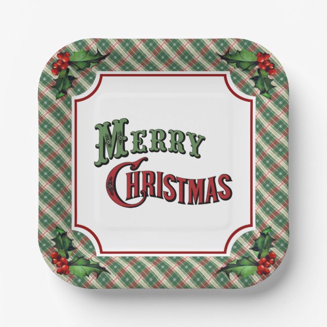Merry Christmas Plaid with Holly Paper Plates (Front)