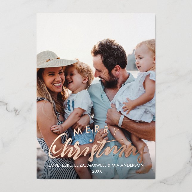 MERRY CHRISTMAS Plain Personalized Photo ROSE GOLD Foil Invitation (Front)