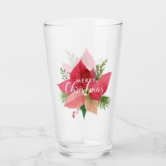 Merry Christmas Poinsettia and Holly Glass (Front)
