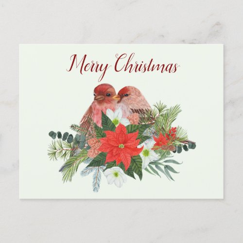Merry Christmas Poinsettia and Two Red Birds Holiday Postcard