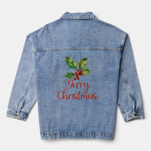 Merry Christmas, Poinsettia Berries Design Womens Denim Jacket