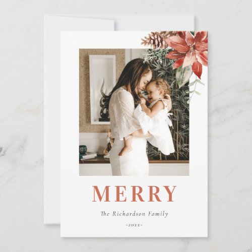 Merry Christmas Poinsettia Bunch Photo Watercolor Holiday Card