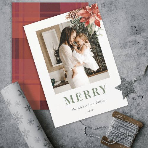Merry Christmas Poinsettia Bunch Photo Watercolor  Holiday Card