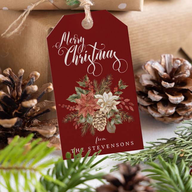 Merry Christmas Poinsettia Burgundy Gift Tags (Creator Uploaded)
