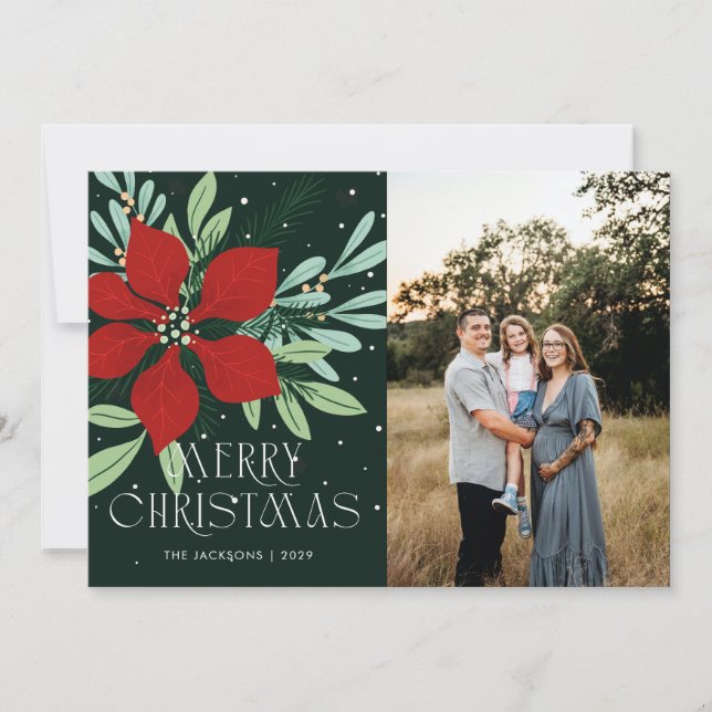 Merry Christmas Poinsettia Christmas Design Holiday Card (Front)