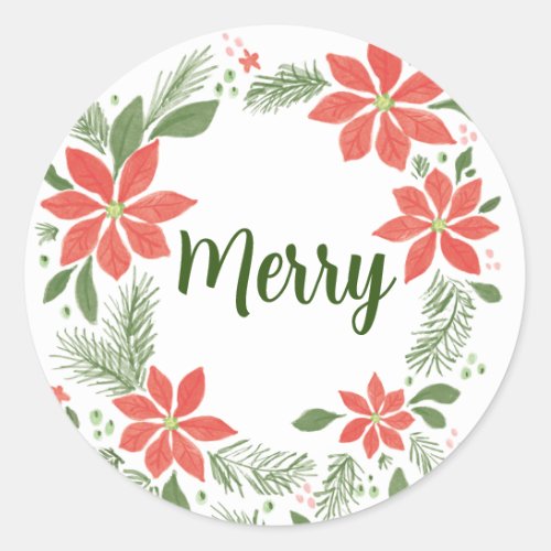 Merry Christmas Poinsettia Classic Round Sticker