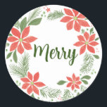 Merry Christmas Poinsettia Classic Round Sticker<br><div class="desc">Merry Christmas Poinsettia design</div>