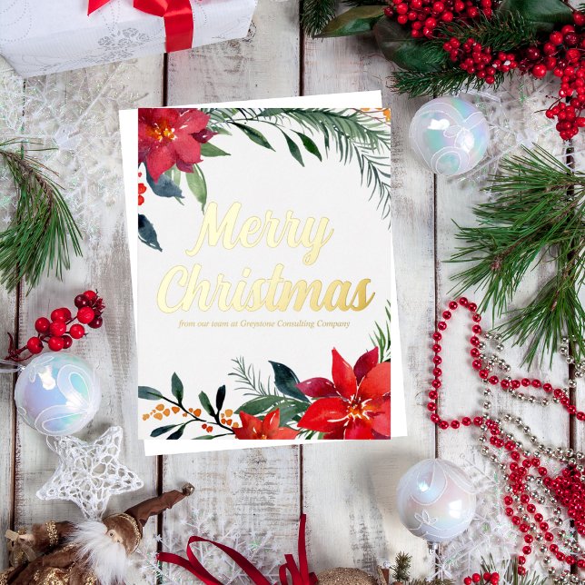 Merry Christmas Poinsettia Custom Business Gold Foil Holiday Card (Creator Uploaded)